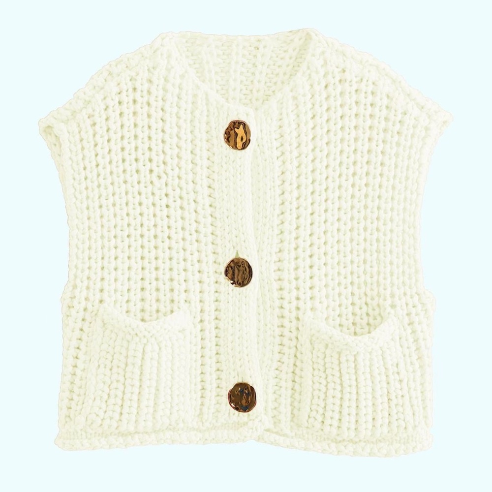 Cream Knit Button-Up Vest
